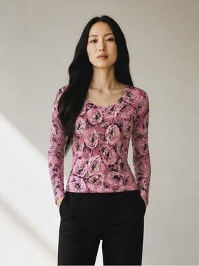 Mainbocher Dusty Pink Floral Long Sleeve Cashmere Jumper Sweater size L